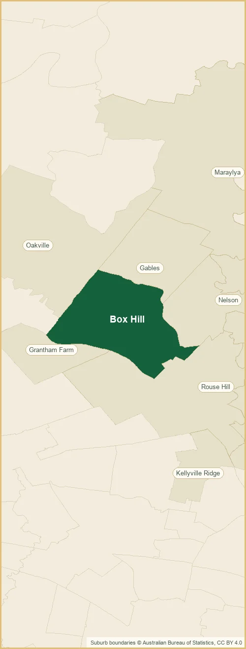 The Box Hill plumbing service area, listing the suburbs we cover: Box Hill, Rouse Hill, North Kellyville, Annangrove out to Beaumont Hills, Nelson, Maraylya and more