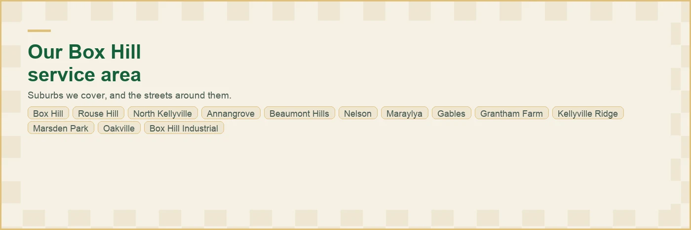 Map of the Box Hill plumbing service area with all 20 suburbs we cover labelled, from Box Hill and Box Hill through Box Hill and North Kellyville to Nelson, Maraylya, Box Hill and Box Hill